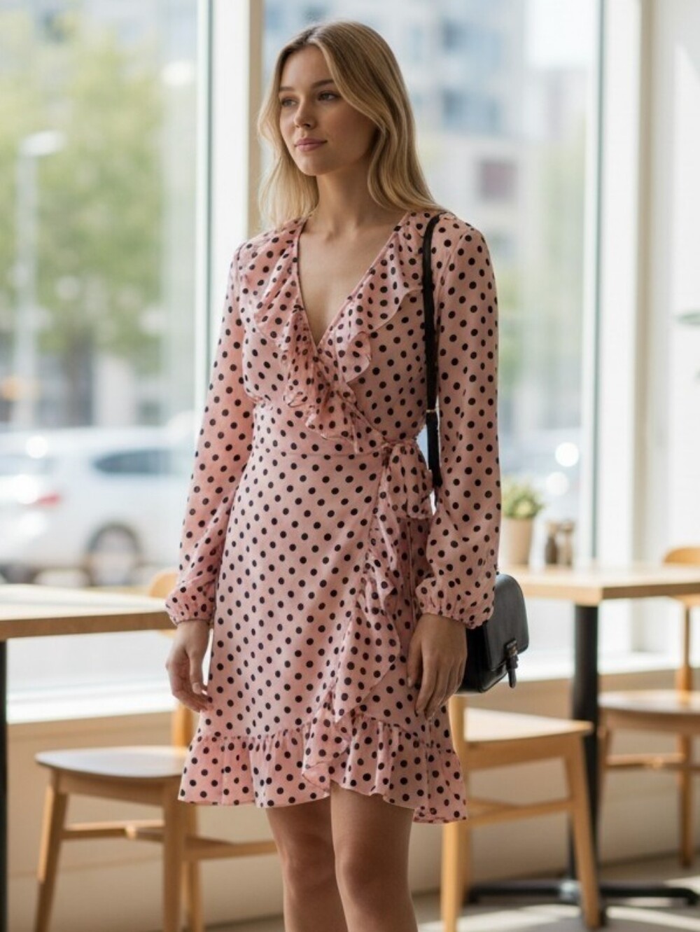 Pink Polka Dot Long Sleeve Wraparound Sheat Dress BNWT